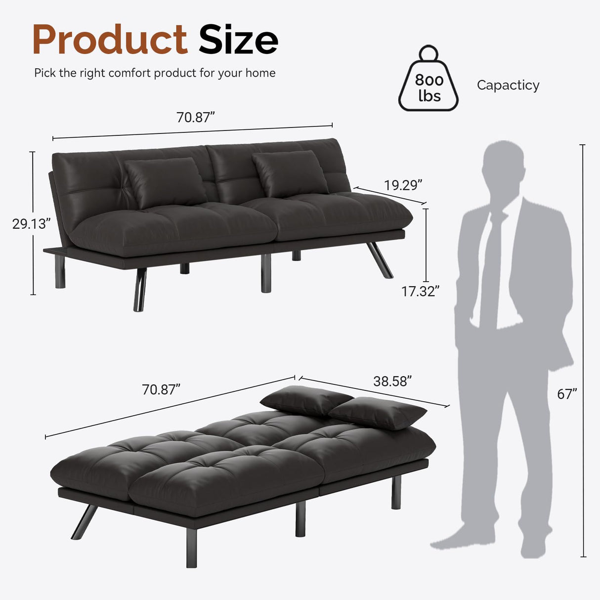 Futon Sofa Bed Convertible Solid Wood Couch Water-Resistant Fabric with 2 Cushions for Living Room Sofa Bed (Light Black) homeokay