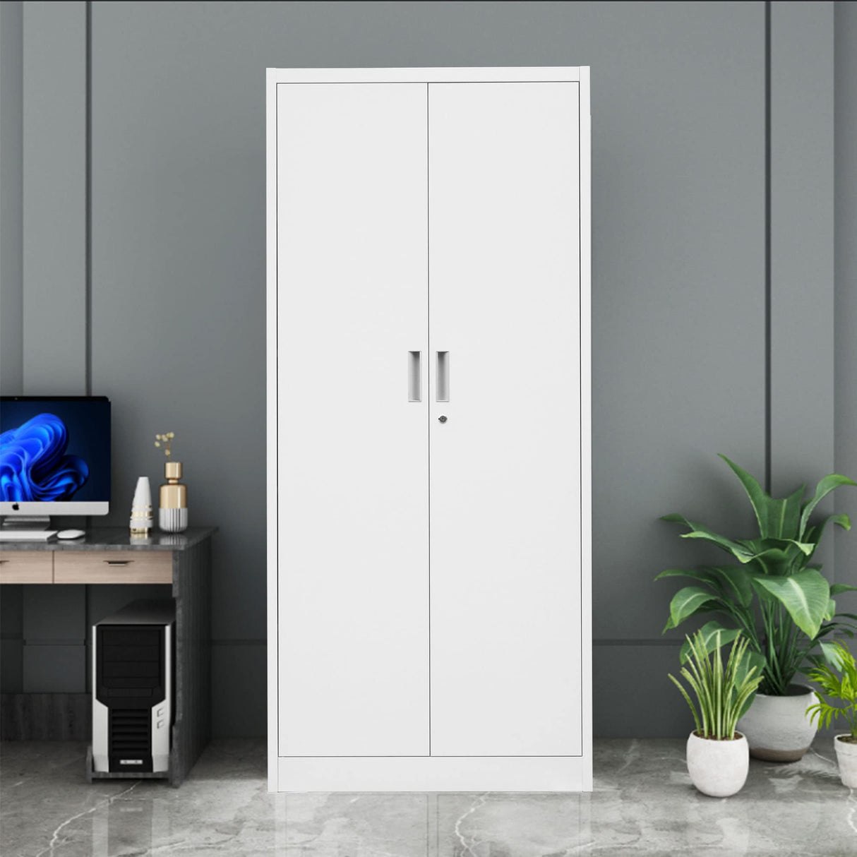 CMY Metal Storage Cabinet with Locking Doors and 5 Adjustable Shelves, 71” Tall Steel Storage Cabinets for Garage, Home Office, Pantry (White) CMY