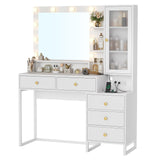 Tiptiper Makeup Vanity Desk with Mirror and Lights & Charging Station, White Vanity Table with 5 Storage Drawer & Glass Door & 3 Shelves for Bedroom, Modern White Tiptiper