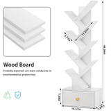 SHEEPAM 8 Tier Tree Bookshelf with Drawer, Free Standing Wood Bookcase for Living Room, Bedroom, Home Office, Space Saving Storage Organizer Bookshelves for Books, CDs, Vinyl Records- White SHEEPAM