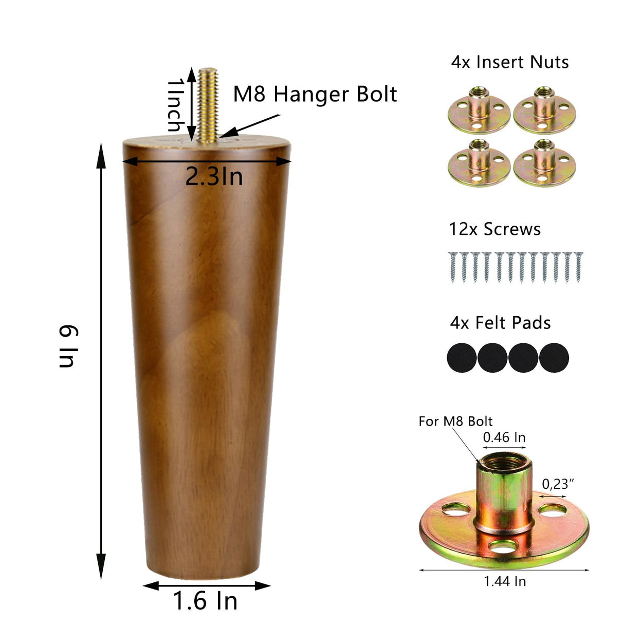 Maricome 6 Inch Wood Furniture Legs Replacement Cabinet Couch Chair Sofa Legs Mid Century Walnut Finished M8 Bolt Set of 4 Maricome