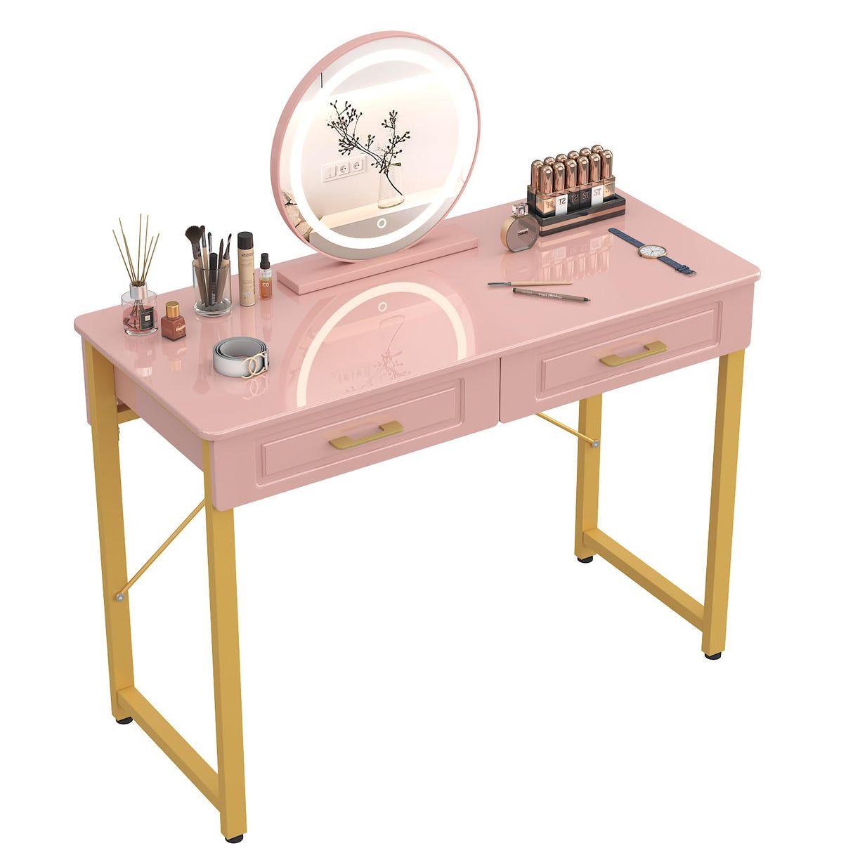 WESTREE Modern Makeup Vanity Desk with Glossy Desktop,Bedroom Home Office Writing Desk with Drawers, Storage Shelf, Gold Metal Frame for Dressing Table Without Mirror WESTREE