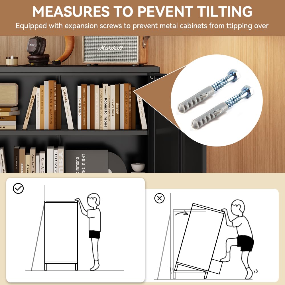 SunLinkSan Metal Accent Cabinet,Sideboard Buffet Cabinet for Living Room,Bed Room,Home,Hotel,Office,Garage,School,Kitchen,3-Tier Locker Storage Cabinet,2 Removable Shelves. (Metal Door, Black) SunLinkSan