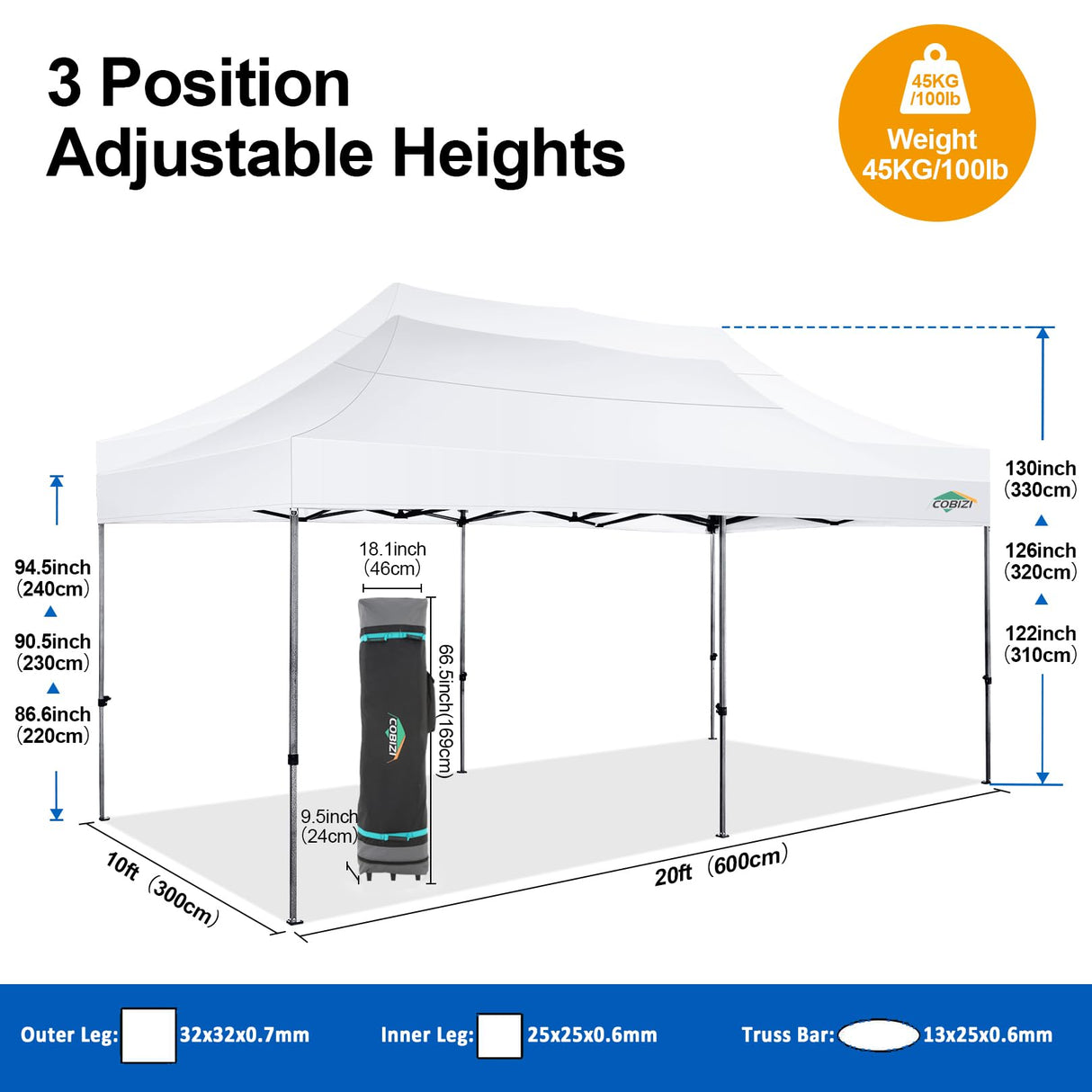COBIZI 10x20 Pop up Canopy Tent 10x20 Canopy with 6 Sidewalls Waterproof Heavy Duty Commercial Canopy Tent for Parties Outdoor Tent Garden Gazebo Tent, Carry Bag with Wheel(10x20ft, White) COBIZI