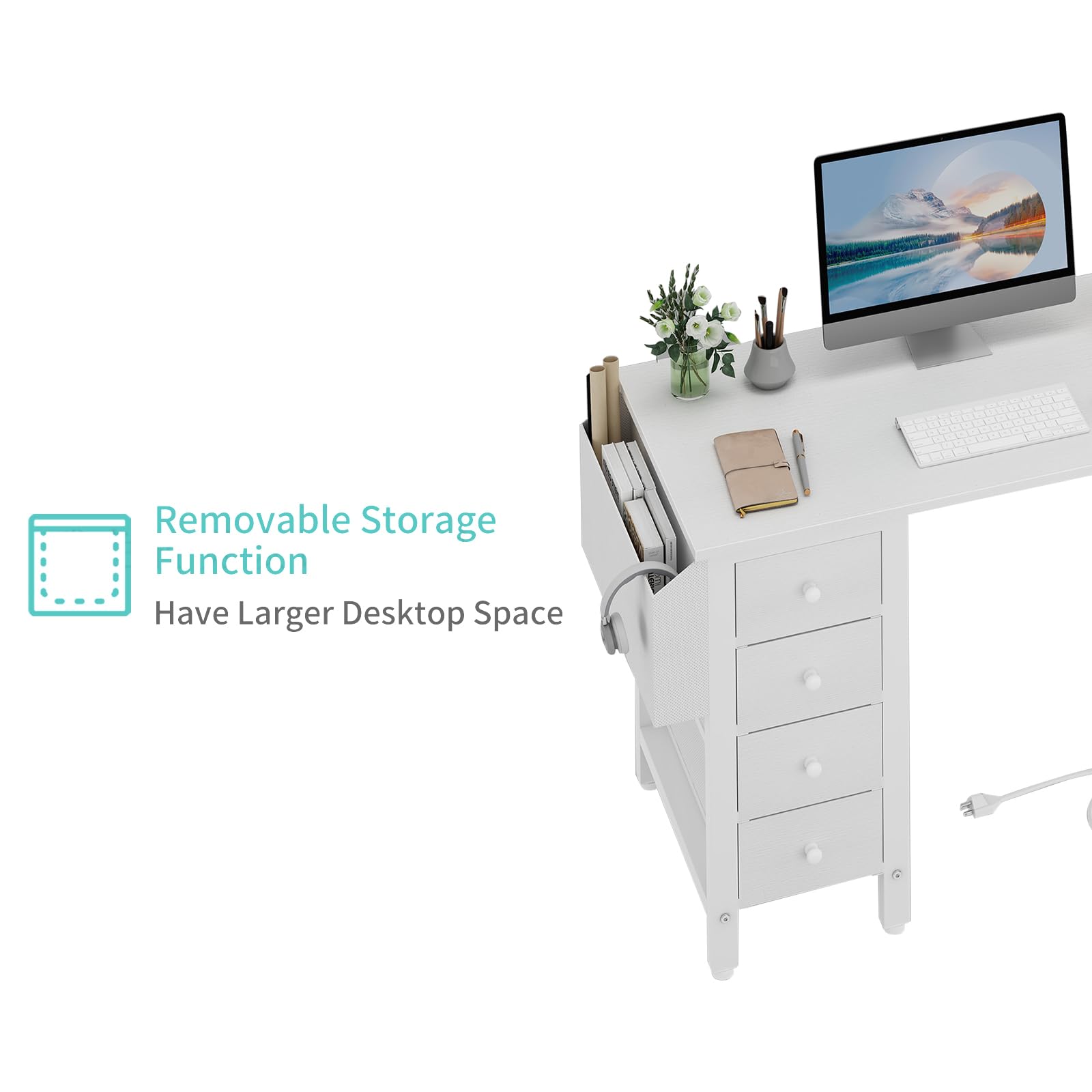 Lufeiya White L Shaped Computer Desk with Drawers & Storage Shelves, 47 Inch Corner Desk with Power Outlet for Home Office Bedroom, L-Shaped Teen PC Desks with Fabric Drawer, White - WoodArtSupply