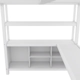 Bellamave Metal Loft Bed with Wardrobe and L-Shaped Desk, Full Size Loft Bed with Storage Cubes and Shelves, Heavy Duty Loft Bed for Kids Teens Adults, White Bellemave