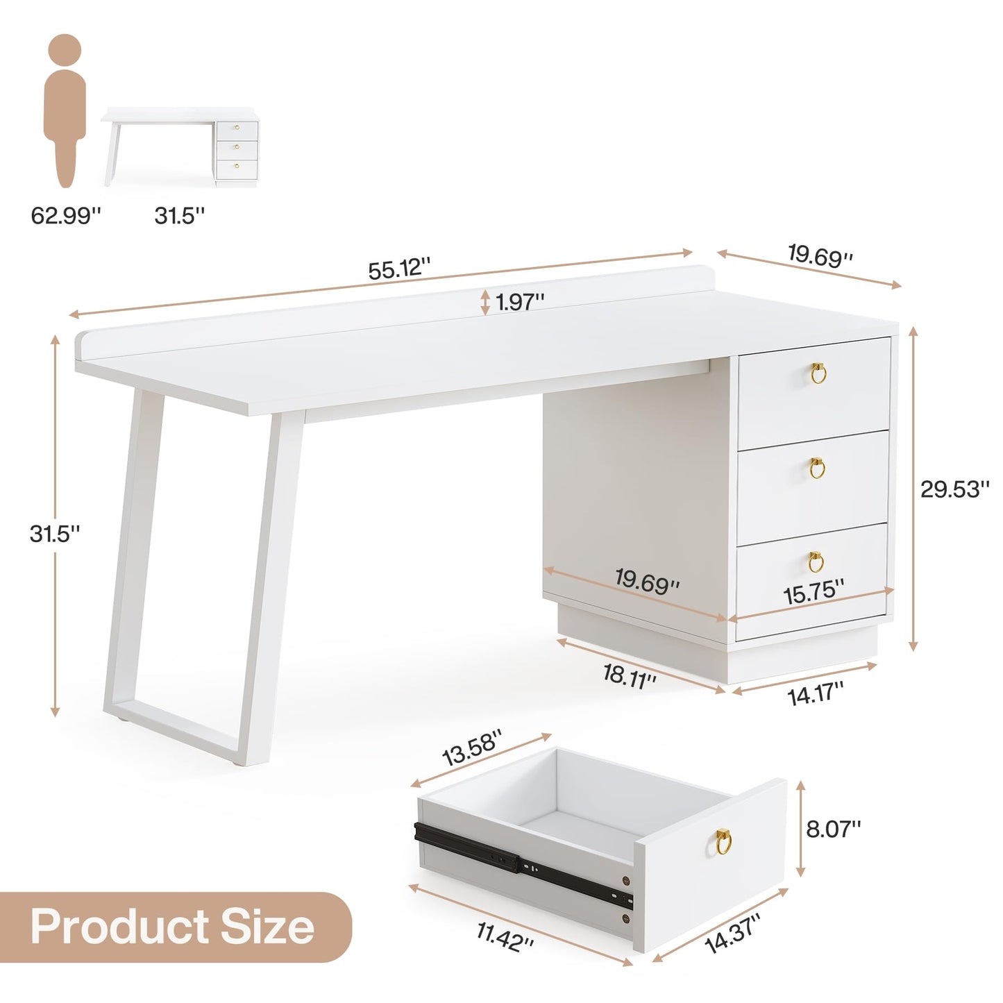 Tribesigns White Makeup Vanity Desk: Modern 55 Inches Vanity Table with 3 Drawers, Corner Wood Dressing Table Make Up Vanity, White and Gold Girls Women Vanity for Bedroom, No Mirror