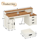 TVU Farmhouse Computer Desk with Drawers, 65'' Home Office Desk with Power Outlets, Storage Cabinet and Printer Stand, Study Writing Desks with Long Monitor Stand, White TVU