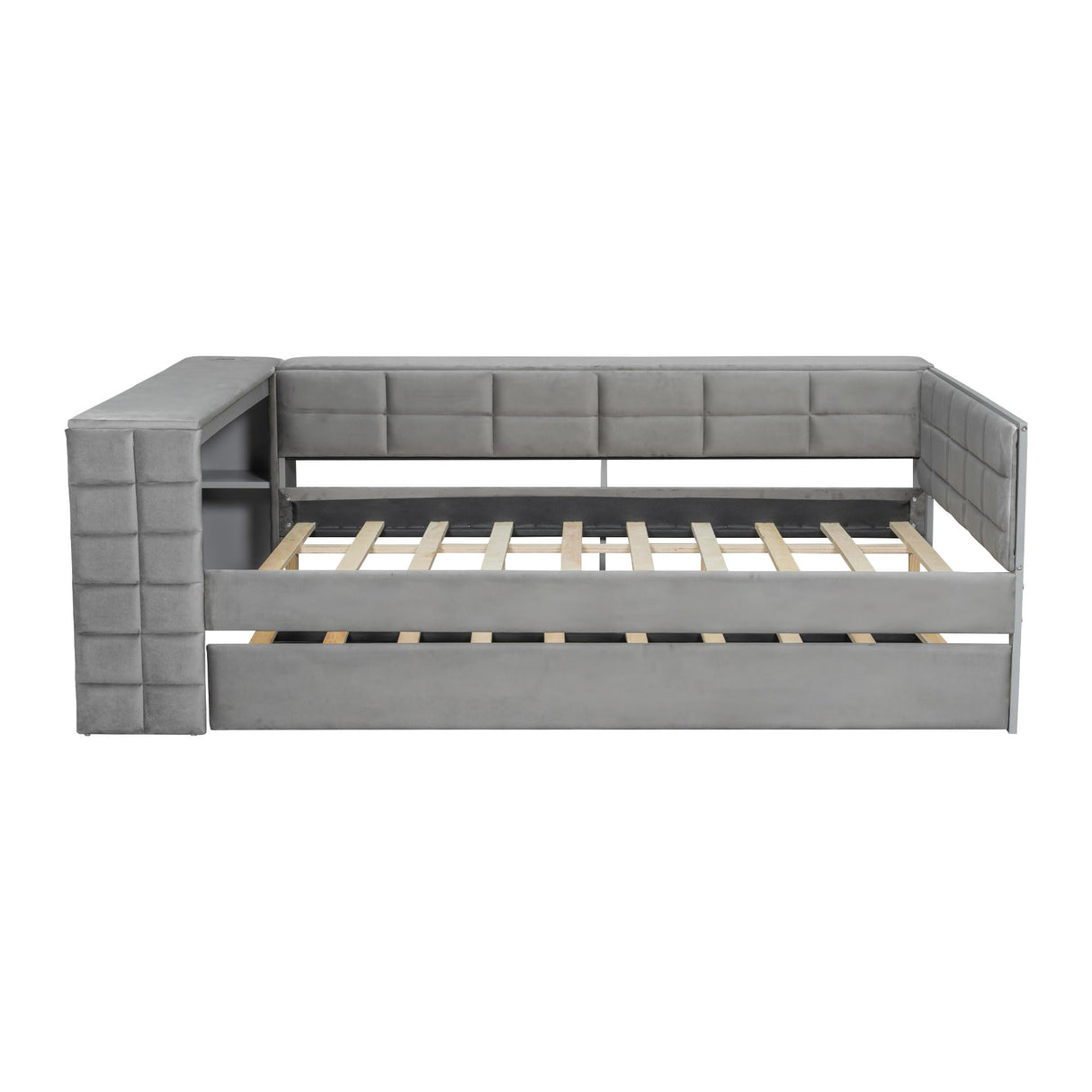 Bellemave Full Corner Bed Frame with Trundle and Storage Shelves and Desk, Wood Full Size Upholstered Daybed with Trundle and Charging Station, Gray Bellemave