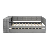 Bellemave Full Corner Bed Frame with Trundle and Storage Shelves and Desk, Wood Full Size Upholstered Daybed with Trundle and Charging Station, Gray Bellemave