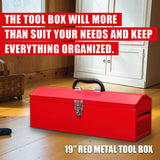 HPDMC Red Hip Roof Style Portable Steel Tool Box with Metal Latch Closure and Removable Storage Tray, 19.1" L x 6.1" W x 6.5" H HPDMC