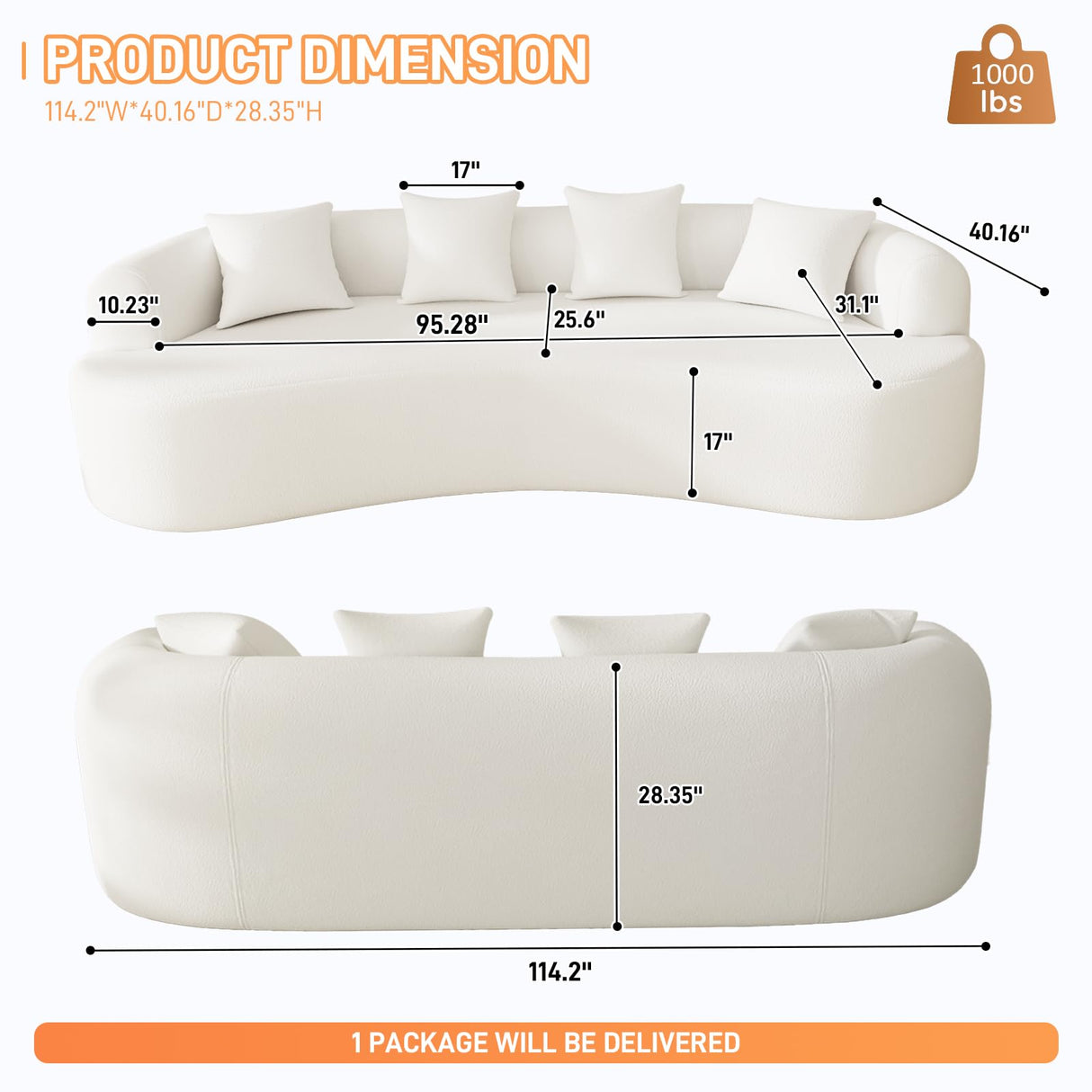 ONEMMLION Curved Sofa Sectional Couch for Living Room, 114" Modern Oversized Boneless Cloud Couch, Comfy Luxury Plush Chenille 4 Seater Memory Foam Sofa Deep Seat Couches, Cream White ONEMMLION