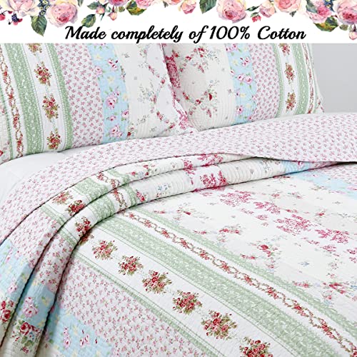 Cozy Line Home Fashions 100% Cotton Real Patchwork Pink Floral Cottage Shabby Chic Reversible Quilt Bedding Set, Bedspread, Coverlet (Wild Rose, King - 3 Piece) Cozy Line Home Fashions