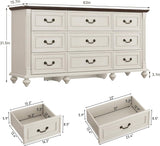 St.Mandyu Farmhouse 9 Drawer Dresser for Bedroom with 6 Gourd Feet and Roman Column Decor, 63in Wide Wood Country Rustic Chest of Drawers, Storage Dressers for Bedroom, Living Room, Rustic White St.Mandyu