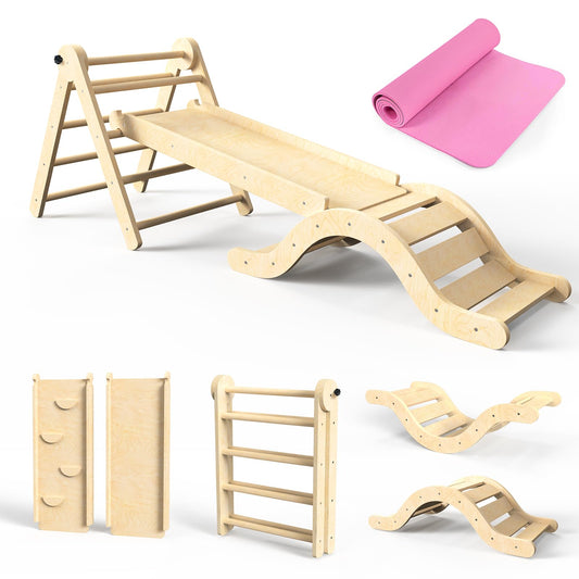 Pikler Triangle Set 7in1 Toddler Climbing Toys Indoor Foldable Baby Climbing Toys Wooden Montessori Climbing Set with Arch, Ramp, Ladder for 1-3 Years, Jungle Gym for Kids (Natural)