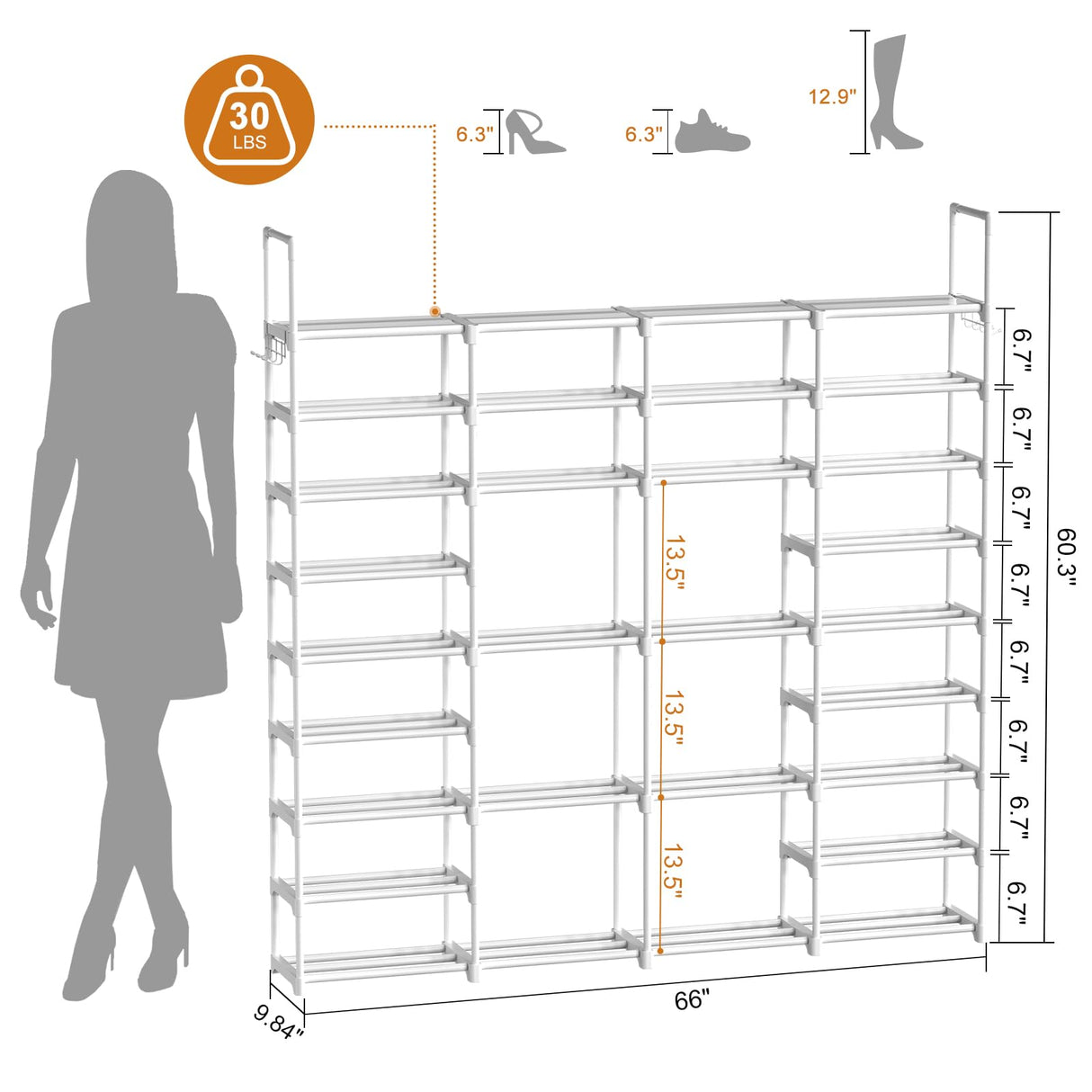 WOWLIVE 4 Row 9 Tiers Extra Large Shoe Rack 64-72 Pairs Big Tall Metal Shoe Shelf, Heavy Duty Organizer for Closet Entryway, Boot Rack Storage Stackable Stand for Garage White WOWLIVE