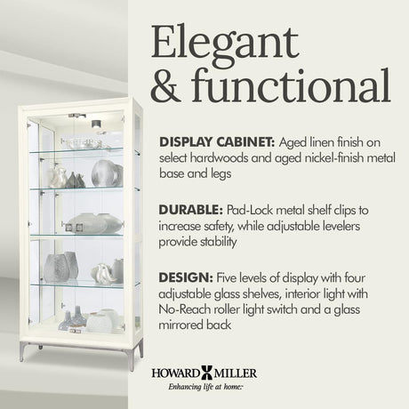 Howard Miller Sheena II Curio Cabinet – White Wire Brushed Display Cabinet Reclaimed Wood Look Aged Nickel Base & Square Pulls Hinged Glass Doors Adjustable Shelves & Mirrored Back for Home Decor Howard Miller