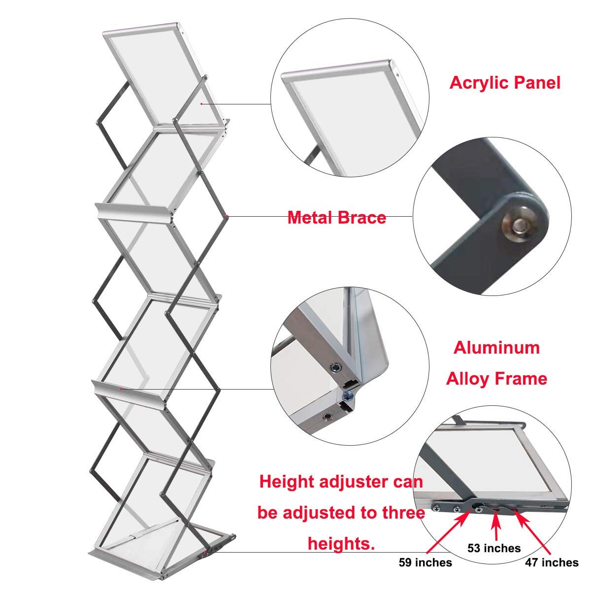 HUAZI Foldable Aluminum Magazine Rack, Portable Pop-up Display Stand, 6 Pockets, A4 Size, for Trade Shows, Office, Retail Store HUAZI