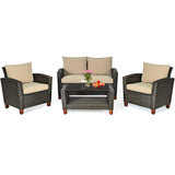 HAPPYGRILL 4 Pieces Patio Conversation Set Outdoor Rattan Wicker Furniture Set Sectional Wicker Sofa Chair & Coffee Table Set for Porch Poolside Backyard HAPPYGRILL