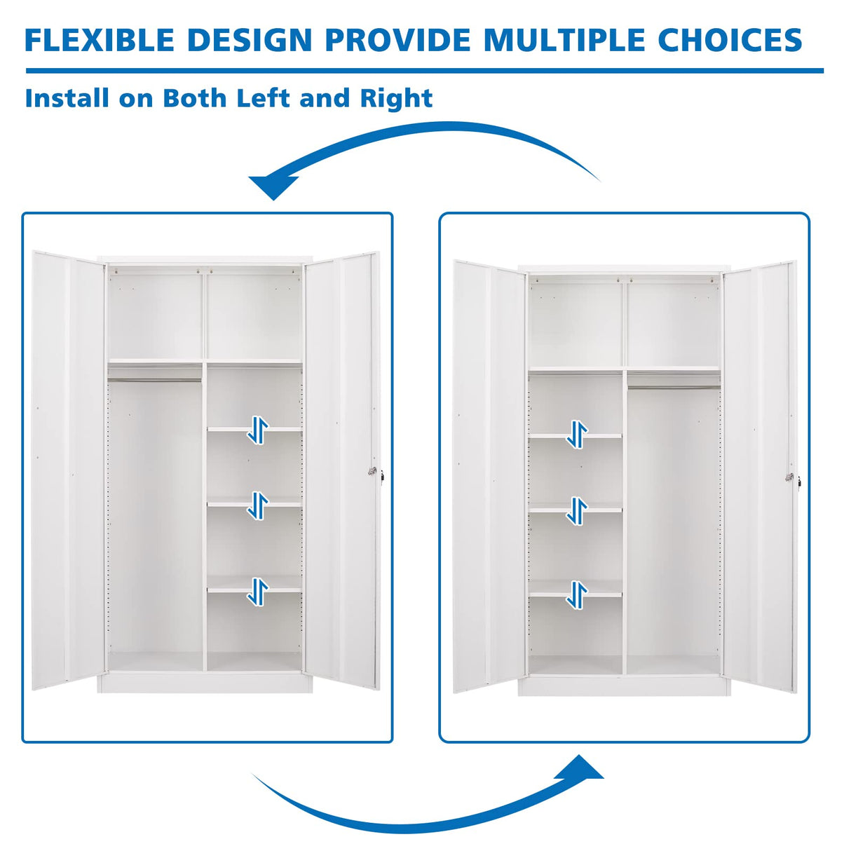 BYNSOE Metal Storage Locker Cabinet, Metal Locker 72” White Tall Steel Wardrobe, Employees Locker with Hanging Rod Shelves and Lockable Doors for Home,School,Office-Assembly Required (White-Style 3) BYNSOE