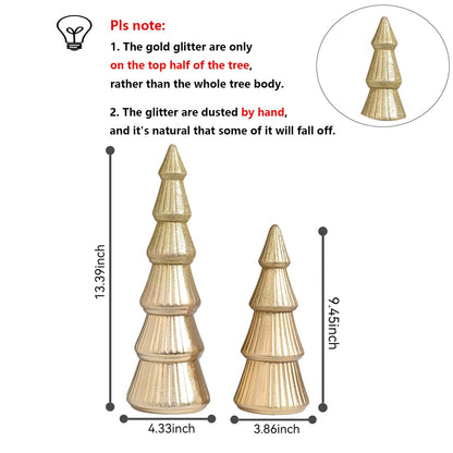 AOMOONOA Wooden Christmas Tree Figurine, 2Pcs Gold Tree Figurines, Decorative Trees for Tabletop, Small Glittered Golden Xmas Tree Figurines for Christmas Mantle Indoor Decor