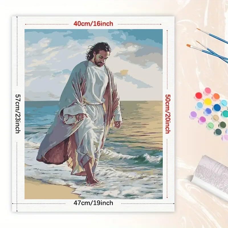 Religious Paint by Numbers Kit for Adults - DIY Jesus Walking by The Ocean Painting on Canvas 16x20 Inches, Acrylic Paint Set, Suitable for Beginners, Faith Art for Home Decoration or Gifts TAOPAOLAB