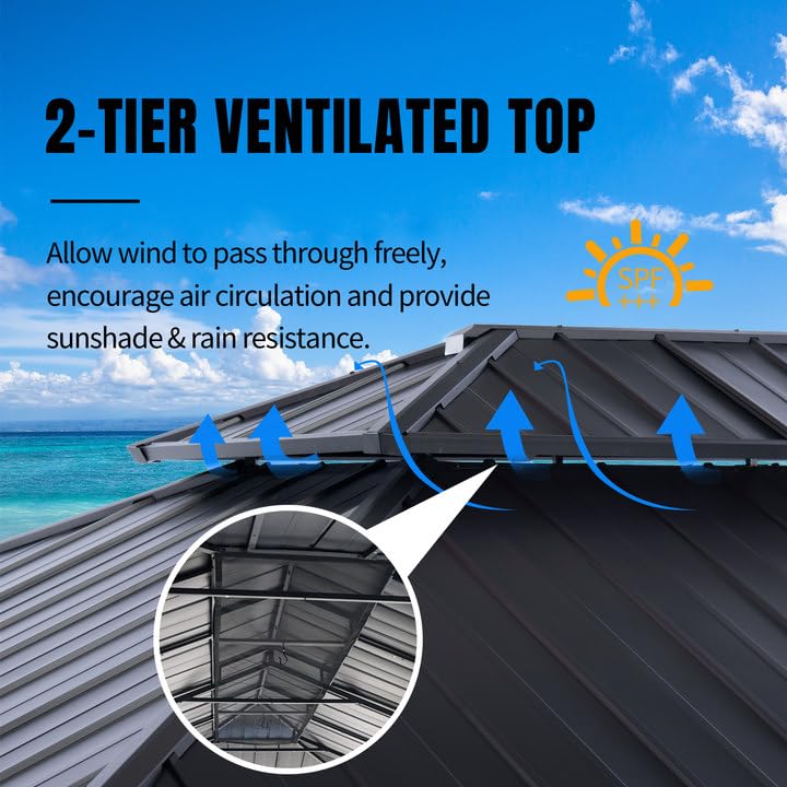 FAB BASED 12x20FT Hardtop Wood Gazebo, Natural Solid Cedar Frame Gazebo with 2-Tier Vented Roof, Outdoor Metal Canopy Pavilion with Netting & Curtains for Deck, Garden, Backyard, Lawn (Khaki) FAB BASED