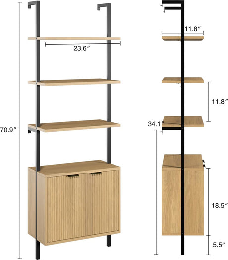 Ladder Bookshelf with Cabinet, 71" Tall Wall Bookshlef with Shelves & Storage, Fluted Ladder Shelf with Metal Frame, 6-Tier bookcase Shelf for Living Room, Home & Office, Bedroom, Natural & Black FiveWillowise