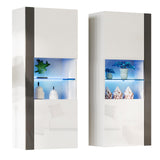 AMERLIFE Wall Storage Cabinets with LED Lights, Modern High Gloss Hanging Cabinets with 4 Closed Doors & Open Glass Shelves, for Living Room/Bedroom/Office, White(Set of 2) AMERLIFE