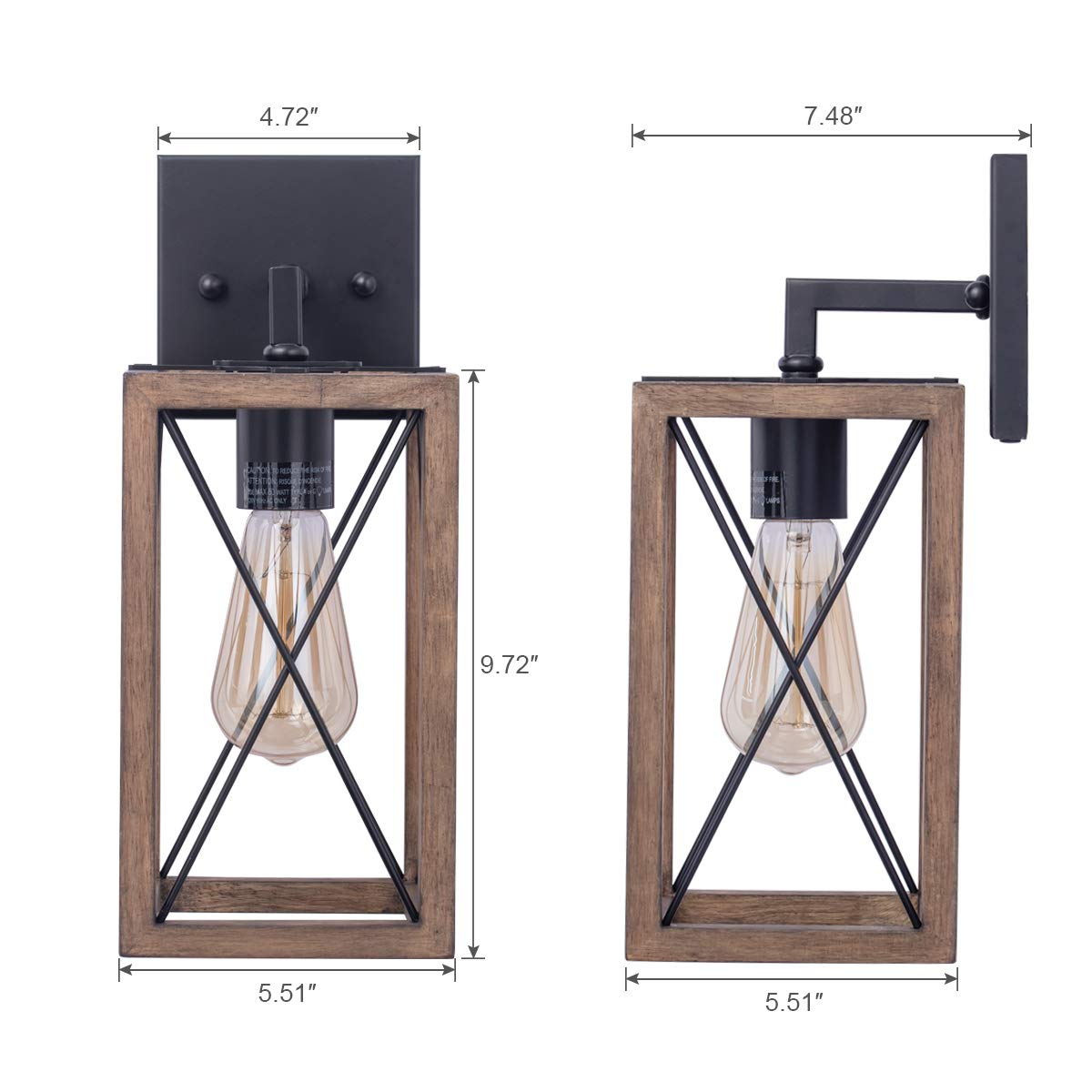 VILUXY Wood Wall Sconces Retro Industrial Rectangle Bedside Wall Sconce Plug-in Cord with Switch Lighting Fixture Black Wall Lamp for Bedroom, Hallway, Entryway, Passway, Dining Room 2 Pack VILUXY