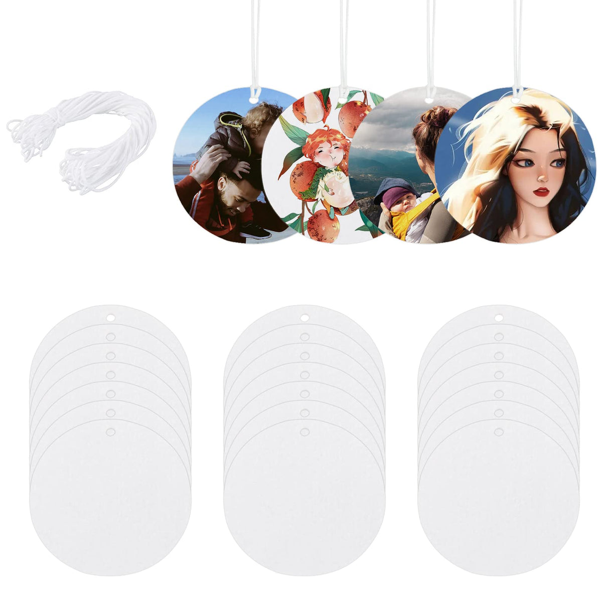 MAIKESUB 25 Pieces Round Sublimation Air Freshener Blank Sheets Car Scented Hanging Sheets Felt Air Freshener White Fragrant Sheets with 25 Pieces Bags and Elastic Rope for Car Interior Use and Decor MAIKESUB