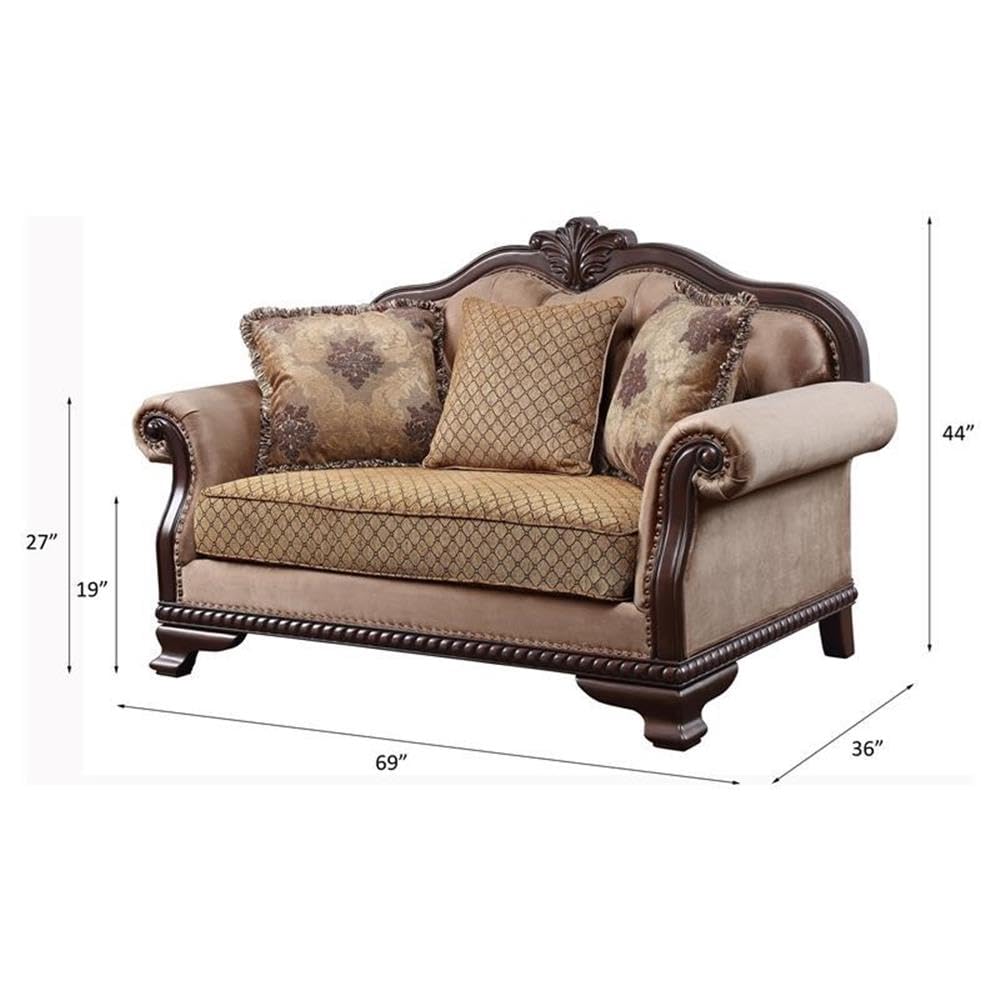 Acme Chateau De Ville Fabric Loveseat with 3 Pillows in Beige and Espresso Acme