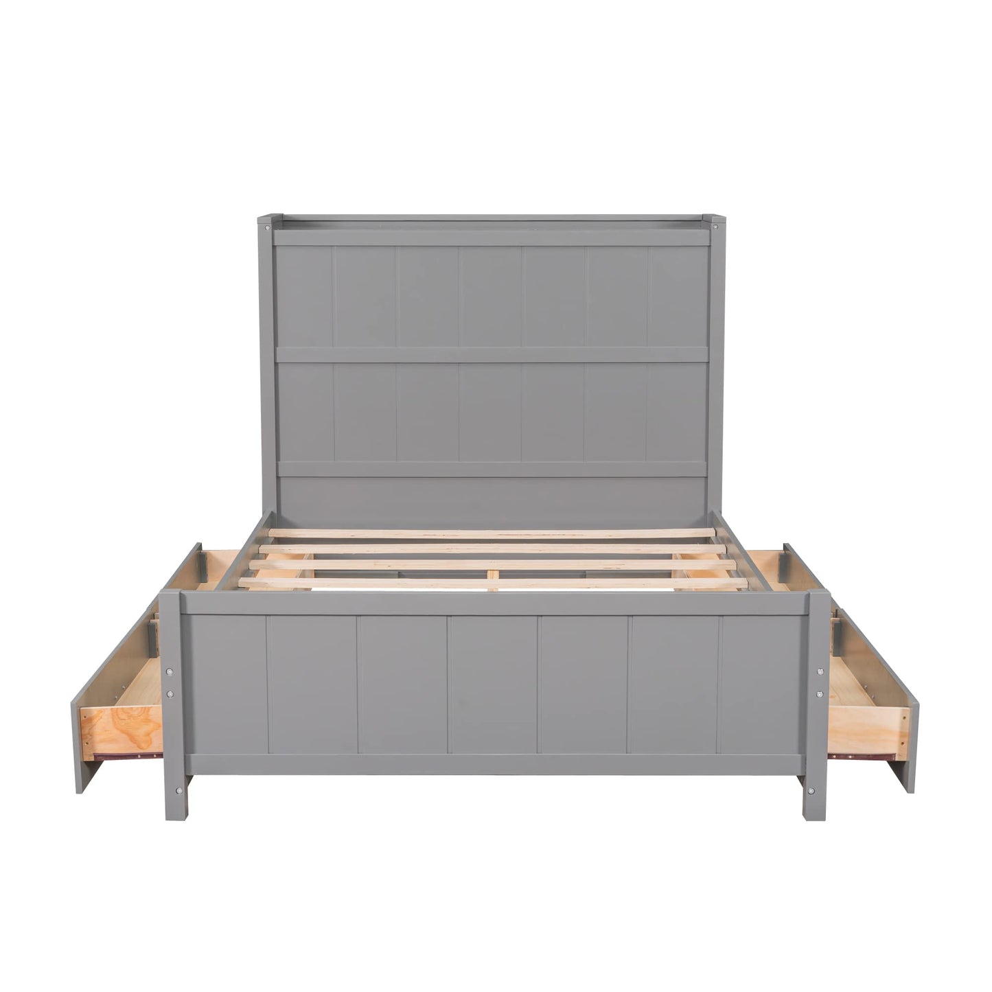 Harper & Bright Designs Full Size Bed with Bookcase Headboard and 4 Storage Drawers, Solid Wood Platform Bed Frame with Slat, No Box Spring Needed,