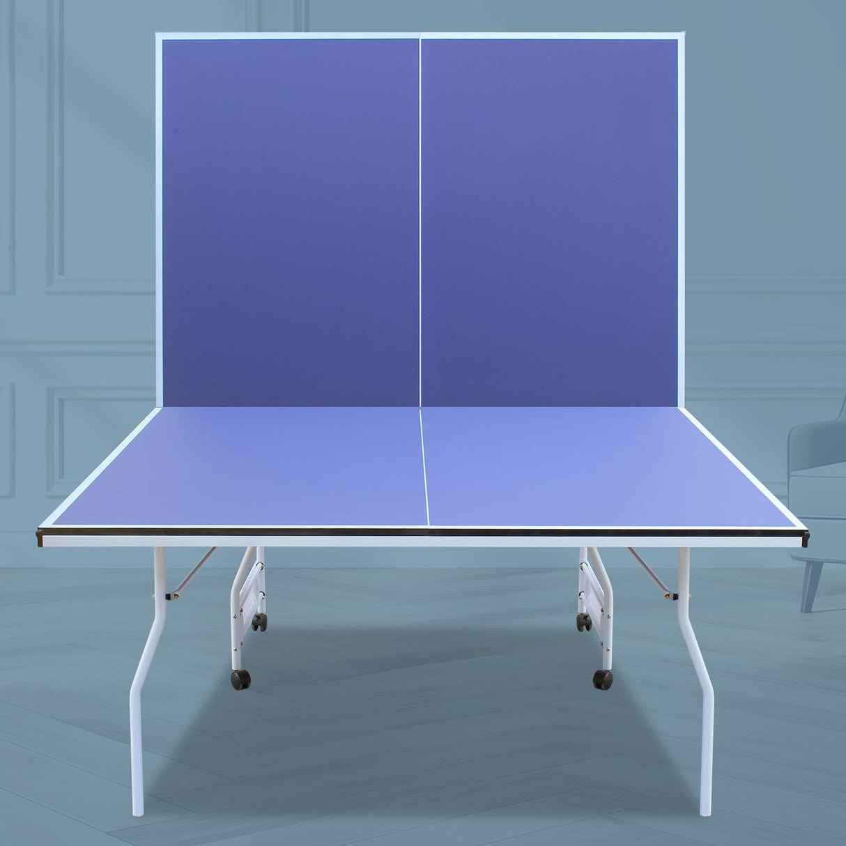 9Ft Mid-Size Table Tennis Table Foldable & Portable Professional MDF Ping Pong Table Set for Indoor Games Quick Clamp Ping Pong with Net, 2 Table Tennis Paddles and 3 Balls Blue Hipicute
