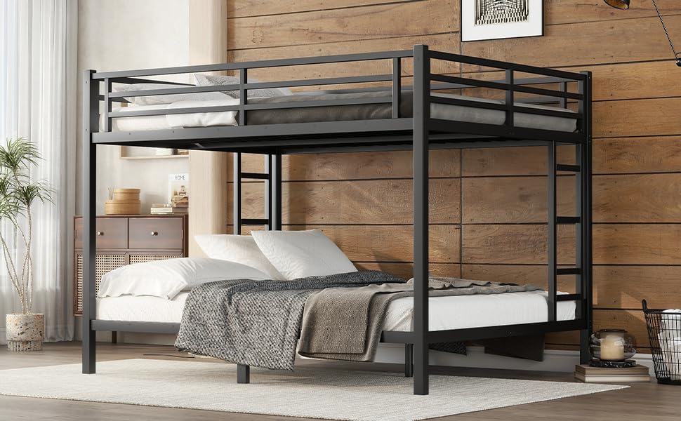 Queen Over Queen Bunk Bed with Ladders and Safe Guardrails, Metal Bunk Bed with Solid Construction, Space-Saving Heavy Duty Bunk Bed Frame for Kids, Teens, Adults, Noise Free, Black