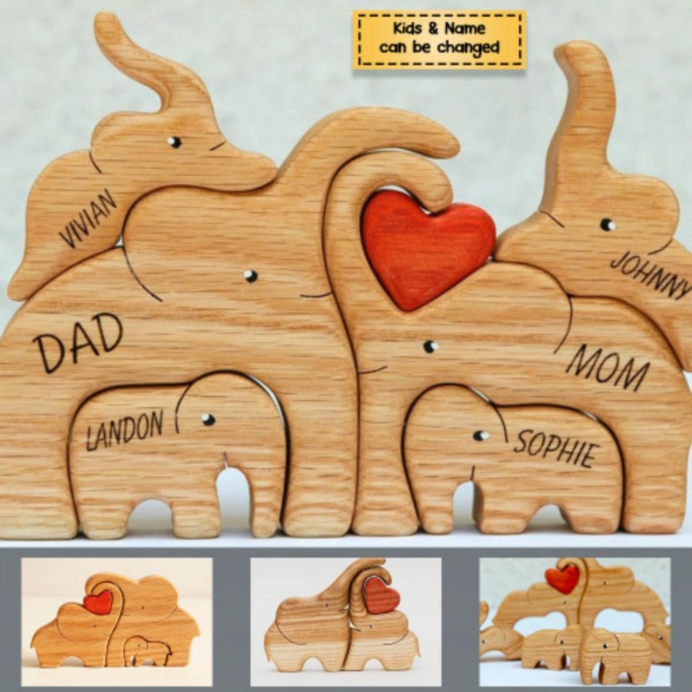 Mesnove 2023 Personalized Elephant Family Wooden Art Puzzle, Gift for Family Mesnove