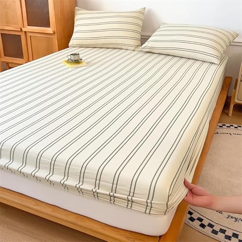 VM VOUGEMARKET Striped Fitted Sheet Queen 1 Piece,Washed Cotton Beige Single Bottom Sheet with 15" Deep Pocket,Comfortable and Breathable Mattress Cover,60" x 80" VM VOUGEMARKET