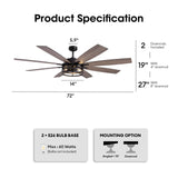 LuminFan 72 inch Large Ceiling Fans with Lights and Remote, Black Modern Ceiling Fan for Living Room, Patios, 6 Speed Reversible Quiet DC Motor, 8 Blades, Easy to Install LuminFan