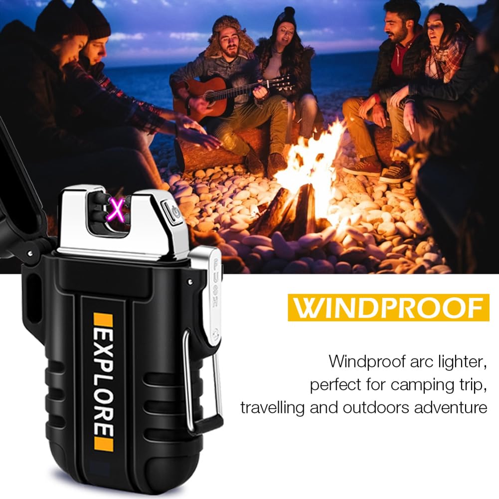 LcFun Waterproof Electric Lighter Windproof Dual Arc USB Rechargeable Flameless Plasma Lighters for Camping Hiking Survival Tactical Gear Gifts for Men Fathers Husband LcFun