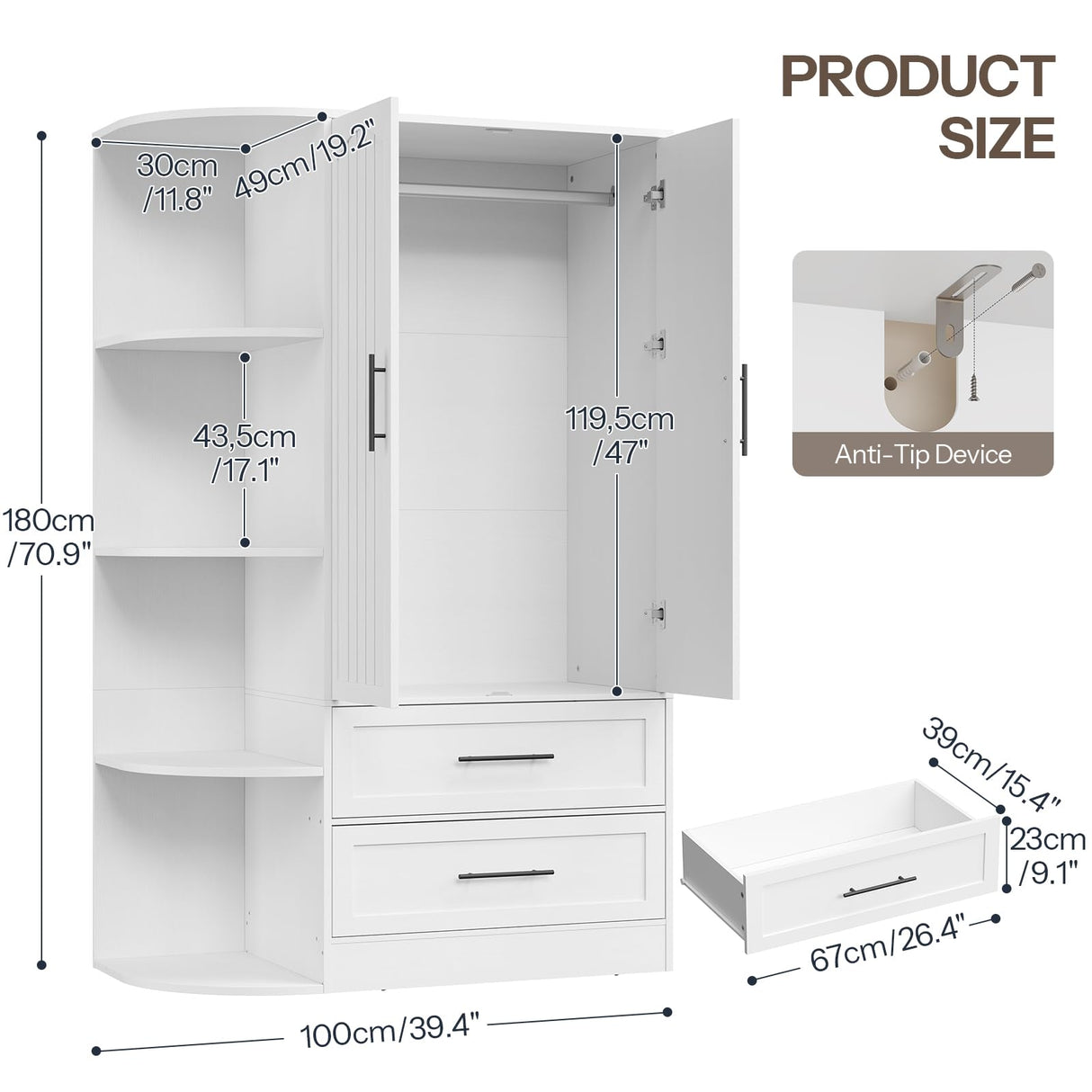 HOOBRO Wardrobe Closet with Doors, 70.9" Tall Armoire Wardrobe Closet with 4 Storage Shelves, Wooden Bedroom Armoire with 2 Drawers and Hanging Rod, Clothing Storage Cabinet for Bedroom, White HOOBRO