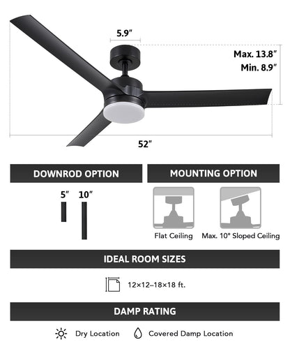 VONLUCE Ceiling Fans with Lights and Remote, 52 Inch Black Ceiling Fan, 3 Blades 6-Speeds Noiseless Reversible DC Motor, Modern Ceiling Fan for Farmhouse Bedroom Patio, Black