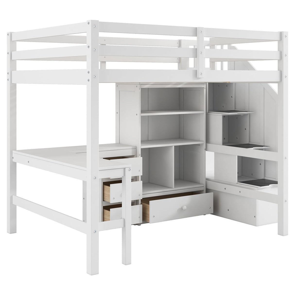 Full Size Loft Bed with Desk and Stairs Wood Loft Beds with Storage Cabinet and Bookcase High Loft Bed Frame with Staircase Shelves for Kids, Teen, Boys, Girls, White Bellemave