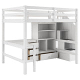 Full Size Loft Bed with Desk and Stairs Wood Loft Beds with Storage Cabinet and Bookcase High Loft Bed Frame with Staircase Shelves for Kids, Teen, Boys, Girls, White Bellemave