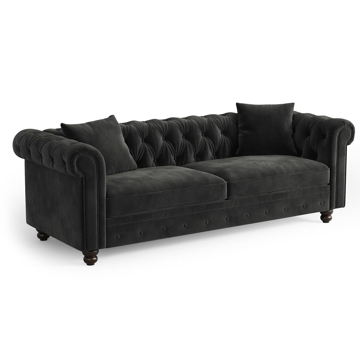 ONBRILL 82" Chesterfield Sofa, Black Velvet Couch with Rolled Arms, 23.6" Deep Seat Couch w/2 Throw Pillows, Button Tufted Backrest, Turned Wood Legs, Comfy Loveseat Sofa for Living Room, Bedroom ONBRILL