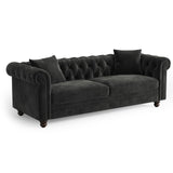 ONBRILL 82" Chesterfield Sofa, Black Velvet Couch with Rolled Arms, 23.6" Deep Seat Couch w/2 Throw Pillows, Button Tufted Backrest, Turned Wood Legs, Comfy Loveseat Sofa for Living Room, Bedroom ONBRILL