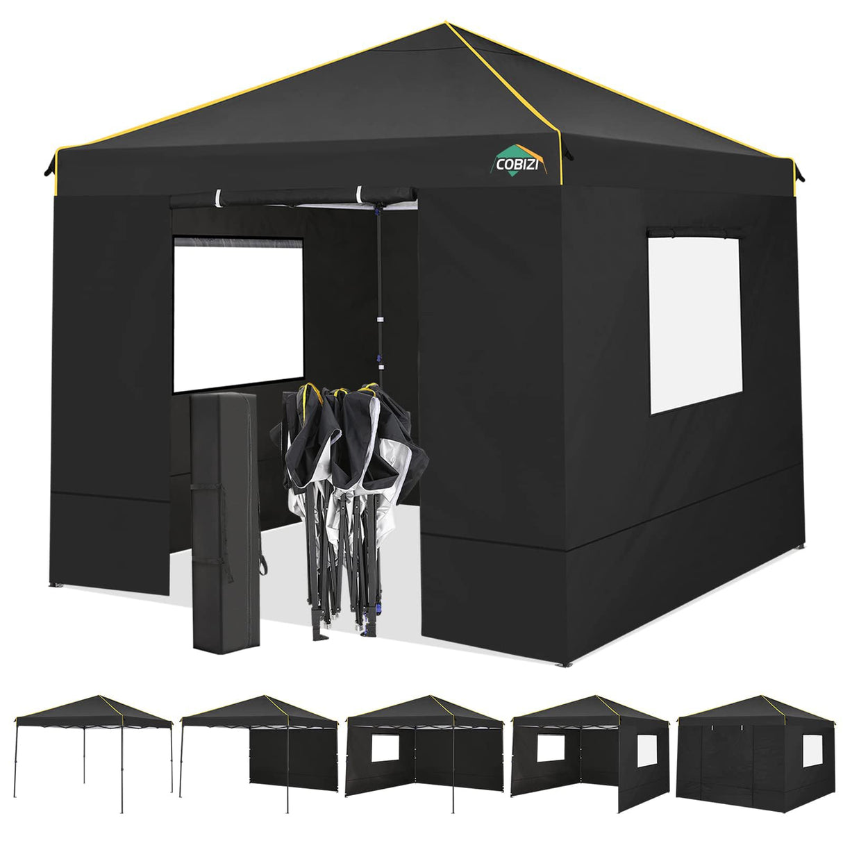COBIZI 10x10 Pop Up Canopy Gazebo with Mesh Windows 2.0, Easy up Canopy Tent 10x10, Portable Waterproof Outdoor Canopie with 4 Removable Sidewalls & Carry Bag & 4 Stakes & Ropes, Black COBIZI