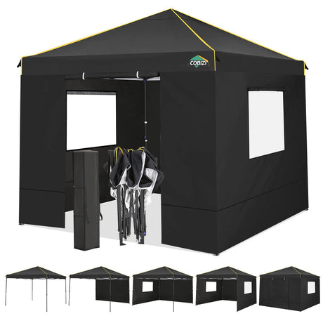 COBIZI 10x10 Pop Up Canopy Gazebo with Mesh Windows 2.0, Easy up Canopy Tent 10x10, Portable Waterproof Outdoor Canopie with 4 Removable Sidewalls & Carry Bag & 4 Stakes & Ropes, Black COBIZI