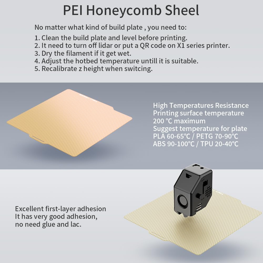 258x258mm Double Sided Flexible PEI Honeycomb Sheet, Smooth PEI Honeycomb Surface for X1/P1P 3D Printer, 3D Printer PEI Plate Removable Platform（1PCS) OUYANG