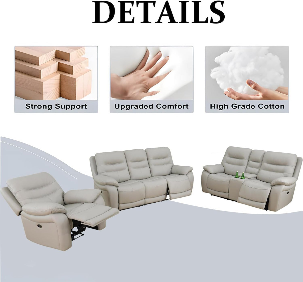 Genuine Leather Recliner Couch Set, Power Reclining Sofa Set 3 Pieces Top Grain Leather Sofa with Built in USB Port for Living Room(Light Grey) (Sofa+Loveseat+Chair) Pon Living Furniture Inc