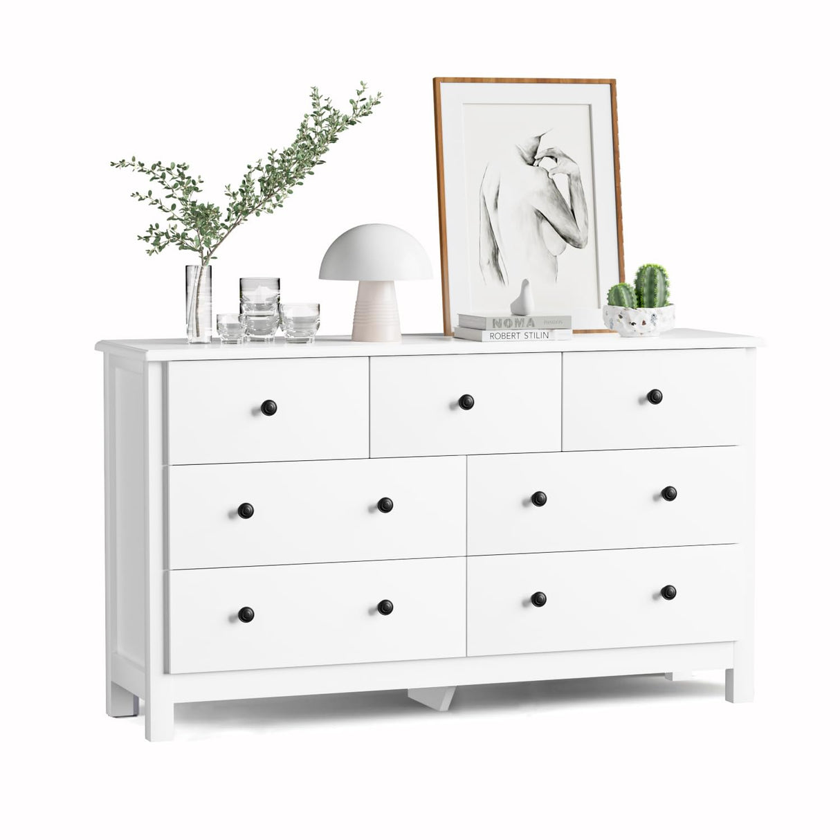 HOUROM White Dresser for Bedroom, 7 Drawer Chest of Drawer with Metal Handle and Wide Drawer, Modern Wood Double Storage Organizer Dresser for Living Room, Hallway, Entryway HOUROM